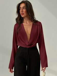 Aloruh 性感深垂领长袖修身女式衬衫，适合办公室和户外穿着 - 酒紅色 - 查看 3