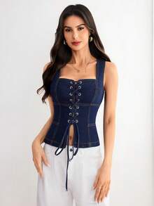 Elenzga 女士休闲交叉牛仔吊带背心 - 藍色 - 查看 4