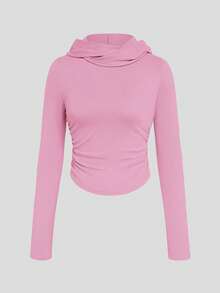 SHEIN Áo thun hoodie dài tay nhún bèo dáng ôm đơn giản màu trơn dành cho nữ - Hồng - Xem 3