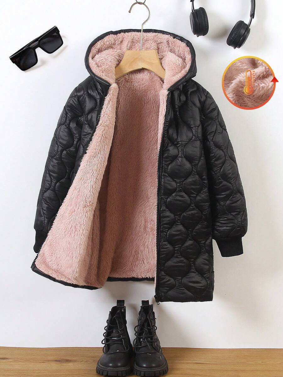 SHEIN Genkimix Kids 女童拉鍊連帽毛絨內裡加厚外套,女童冬季保暖夾克,黑色,保暖內裡 - 黑色 - 查看 1