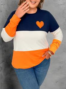 Calvaya Plus Size Round Neck Heart Striped Print Long Sleeve Casual T-Shirt Graphic Tees Women Tops For Spring - Multicolor - View 5