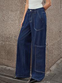 SHEIN LUNE Vintage Fashionable Elegant Pocket Solid Color Washed Straight Leg Jeans - Dark Wash - View 6