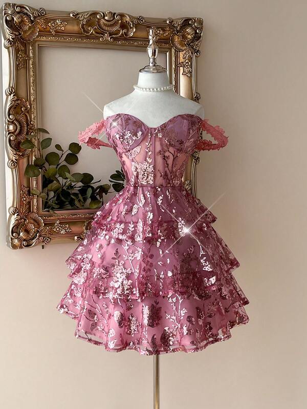 Lovelzi Élégante et luxueuse robe de bal à bustier en satin avec patchwork de sequins verts brodés, taille transparente et volants à plusieurs niveaux