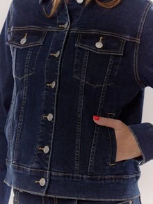 MUSERA Contrast Stitch Denim Jacket Autumn Winter Cute Casual Cosy Chic Spring Summer - Dark Wash - View 6