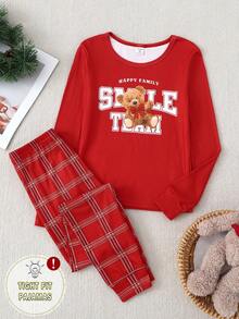 Mädchen Bär Buchstaben Muster rotes Langarm-Top kombiniert mit roter klassischer Karomuster Hose, passender Pyjama-Set