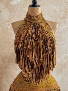 Soleia 颈链细节流苏针织上衣夏季，伊比沙岛装扮，假日度假性感节日狂欢针织逍遥游秋季乡村秋冬纳什维尔 - 棕色 - 查看 4