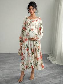 Momance Maternity Floral Print Ruched Chest Flounce Sleeve High Slit Hem Dress, Vacation Style, Spring/Autumn - Multicolor - View 3