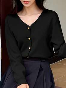 DAZY 女士 V 领红色节日优雅开衫 - 黑色 - 查看 6