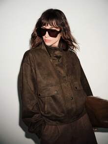 Lumivelle Autumn New Women's Retro Loose Version Stand Collar Long Sleeve Faux Suede Short Jacket, 25 Early Autumn European And American Fashion Casual Stand Collar Long Sleeve Jacket, Vintage Workwear Jacket