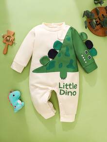 SHEIN Baby Boy Winter Clothing,White,Winter,Cute Modest,Graphic,Family Matching Playful Dinosaur Pattern Long-Sleeved Jumpsuit With 3D Ear Tab Press Studs - Multicolor - View 3