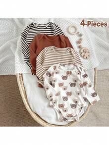 Loomiva 4件套新生女宝宝条纹针织柔软圆领长袖连体衣套装 - 彩色 - 查看 4