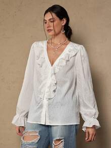 Freevana 大码优雅通勤和度假荷叶边衬衫 - 白色 - 查看 4