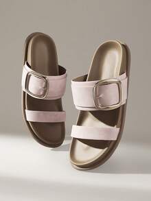 Solecia Damen Sandalen aus geflochtenem Material mit Metallschnalle, Birkenstockstil - Mauve - Übersicht 3