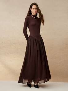 Cévolie 女式复古优雅咖啡棕色针织拼布雪纺 3D 花卉 A 字长袖连衣裙，春/秋 - 咖啡棕 - 查看 3