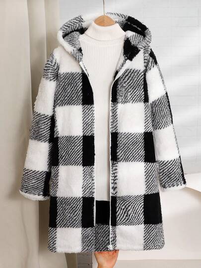 SHEIN Chaqueta larga con capucha y cremallera reversible a cuadros y de felpa tipo teddy para niñas preadolescentes, casual y de moda para salidas de fin de semana, otoño/invierno