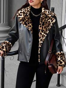 Calvaya Plus Size Leopard Print Fluffy Patchwork Thermal Lined PU Jacket Fall Winter Cloth For Women Autumn - Black - View 1