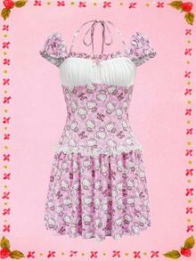 HELLO KITTY AND FRIENDS | SHEIN Women's Sweet Cat Print Contrast Lace Frill Trim Dress - Baby Pink - View 1