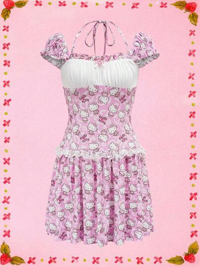 HELLO KITTY AND FRIENDS | SHEIN Women's Sweet Cat Print Contrast Lace Frill Trim Dress