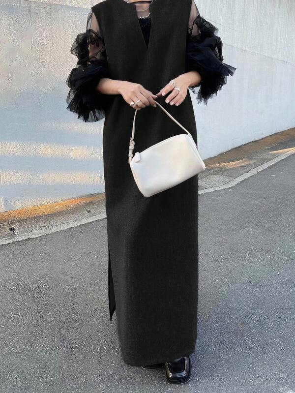 FRIFUL Women's Solid Dark Gray V-Neck Sleeveless Woolen Fabric Loose Straight Casual Versatile Side Slit Dress, Autumn