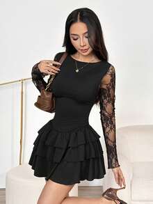 SHEIN PETITE Women's New Black Lace Patchwork Layered Ruffle Hem Mini Dress, Fall Women Clothes ,Petite Women - Black - View 4