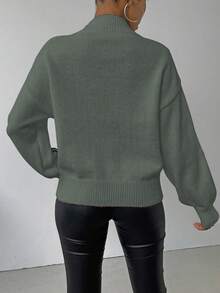 SHEIN LUNE Women's Applique Color Block Stand Collar Elegant Long Sleeve Pullover Sweater - Olive Green - View 2