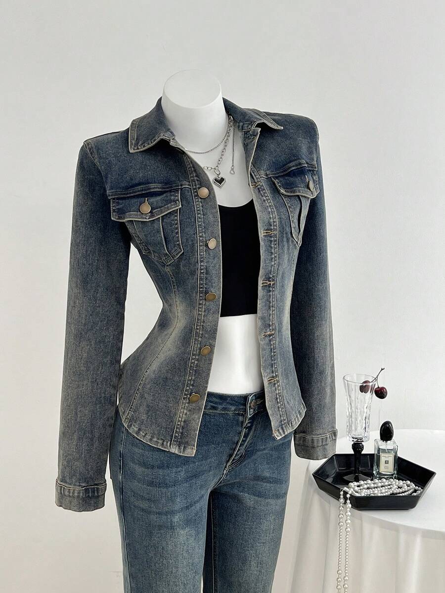 Elamini Women's Casual Washed Denim Jacket With Waist Cinching - Blue - View 1