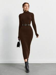 SHEIN Tall Solid Long Sleeves Turtleneck Ribbed Knit Sweater Dress - Brown - View 4