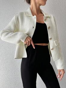 EURMUSE Plus Size Allover White Button Front Casual Elegant Cardigan Office Formal Autumn - Beige - View 6