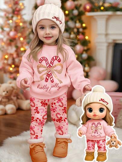 SHEIN Happikins Christmas Series, Fairy Tale Pink & Christmas Red, Cute Sweet Glitter Bow Candy Cane Pattern, Candy Cane Cutie, Holly Jolly Cutie, Baby Girl Casual Thick Soft Comfortable Long Sleeve Crew Neck Sweatshirt And Leggings 2-Piece Set, Suitable For Autumn/Winter Daily Wear, Christmas Party, Street Style, Home