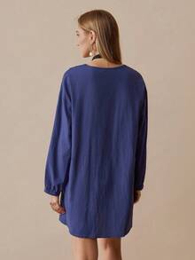 Florisole 女式 V 领系带短款棉质宽松长袖纯色连衣裙，适合冬季返校季 - 藏蓝色 - 查看 2