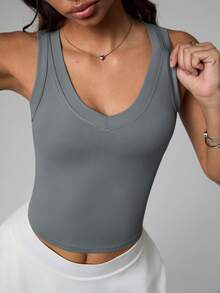 Dewbera Áo ba lỗ thể thao bó sát cổ chữ V màu trơn dành cho nữ - Xám - Xem 2