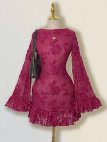 SHEIN ICON Women's Elegant Backless Lace Patchwork Flare Sleeve Ruffle Hem Mini Dress, Solid Cream Color - Hot Pink - View 2