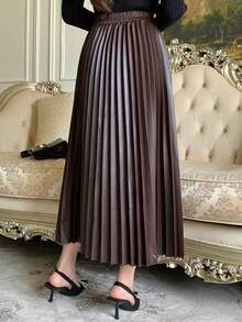 DAZY Women's Fashionable Elegant Waist Elastic Pleated PU Leather Skirt