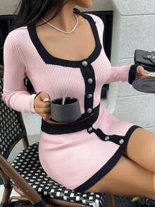 SHEIN Unity 2pcs/Set Sexy Women Contrast Color Long Sleeve Top & Mini Skirt - Multicolor - View 7