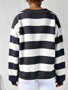 EURMUSE Áo len dệt kim dài tay dáng rộng hở vai kẻ sọc cho nữ, thường ngày cho mùa thu/đông - Màu xám đen - Xem 2