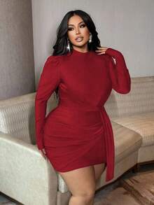 SHEIN LUNE Đầm ôm sát cổ cao, thắt eo, dáng ngắn dự tiệc dành cho nữ cỡ lớn, thích hợp cho mùa thu/đông. - Đỏ - Xem 7