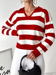 EURMUSE 女士 V 领长袖简约条纹毛衣，休闲日常穿着 - 紅色 - 查看 5