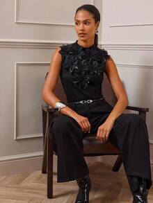 Lilora 女式纯色休闲 3D 花卉装饰无袖上衣 黑色花卉上衣 黑色 3D 花卉装饰上衣 黑色无袖上衣 黑色上衣 黑色 3D 花卉上衣 优雅黑色上衣 女士黑色上衣 女士冬季服装 高端、精致、优雅 - 黑色 - 查看 7