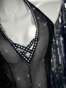 SHEIN 3件套迷人亮片性感流苏拉丁舞服装套装 - 黑色 - 查看 8