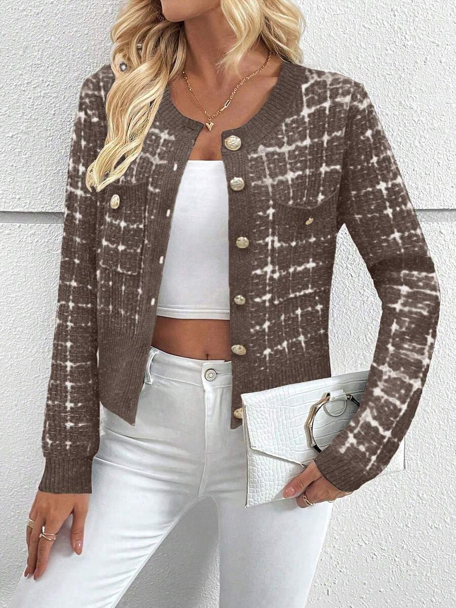 EMERY ROSE Casual Plaid Cardigan, Suitable For Commuting And Daily Wear, Autumn - Rusty Rose - View 1