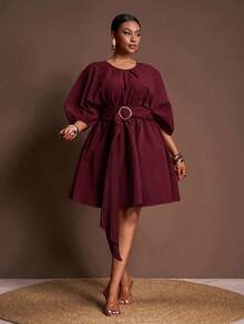 Veslaya 春夏初秋新款优雅通勤、约会、毕业典礼、生日派对宽松灯笼袖抽绳腰褶皱A字连衣裙，大码酒红色 - 酒紅色 - 查看 5