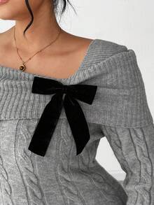 SHEIN Elenzya 大码女式纯色露肩扭纹针织毛衣裙 - 灰色 - 查看 6