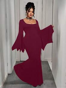 EMERY ROSE Vestido de bruja estilo gótico talla grande para mujer, bata de cuello de barco de manga de murciélago vintage, nueva bata larga elástica de cola de sirena para Halloween - Burdeos - Ver 3
