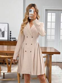 SHEIN LUNE Vestido midi de manga larga con cuello casual y unicolor minimalista para mujer - Caqui - Ver 7