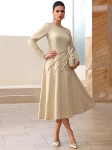 Modelyn Apricot Color High-End French Style Pleated Cinched Waist Elegant Long Sleeve Dress - Apricot - View 5