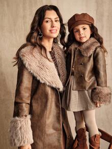 SHEIN 少女休闲长袖双排扣毛领夹克，秋冬 - 酒紅色 - 查看 11