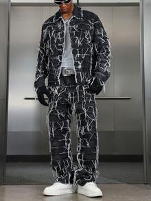PAVTROS American Style Patch & Fringe Denim Set Fringe Pants Men Black And White Pants, Fall Clothes OVERSIZE Frayed Black Street Rave Couple For GenZ - Blue - View 3