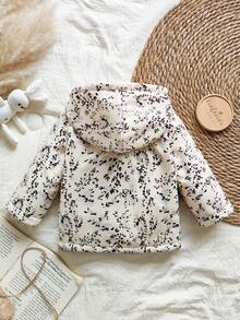 SHEIN Vintaside Kids 复古碎花连帽女婴外套，拉链闭合，保暖内衬，休闲时尚冬季外套 - 彩色 - 查看 2