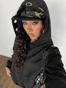 StreetHx Women's Oversized Casual Streetwear Punk Rock Y2K Sweatshirt With Black, Silver Metal Ring Hollow Eyelet Decor, Versatile College Style