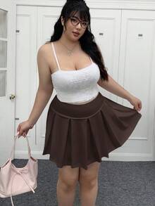 SHEIN EZwear Chocolate Brown Casual Versatile Plus Size Sports Mini Pleated Skirt,Autumn Back-To-School Graduation Chic Elegant Solid Color For Party,Wedding,Date - Chocolate Brown - View 12